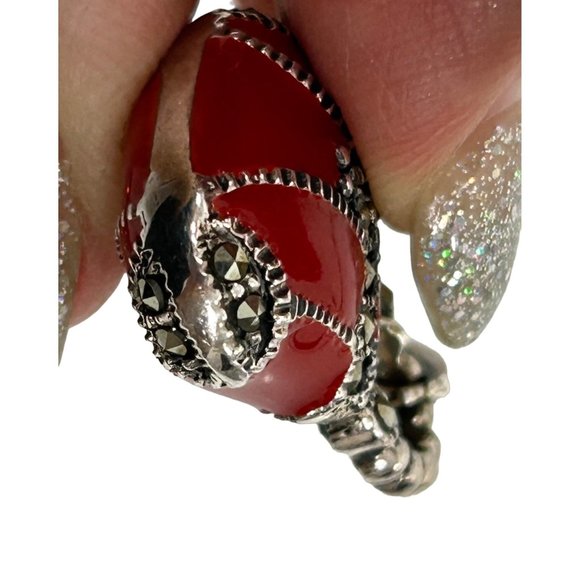 Women’s Pendant Red Enamel Purse Sterling Silver 925 Vintage Marcasite Stones - Picture 6 of 15